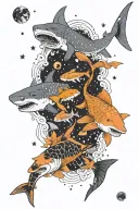 A night sky with different phases of the moon and under the starlight is a shark and koi fish showing the duality tattoo design idea