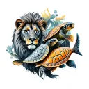a lion, Pisces fish and turtles intertwined hearts tattoo design idea