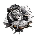 a lion, Pisces fish and turtles intertwined hearts tattoo design idea