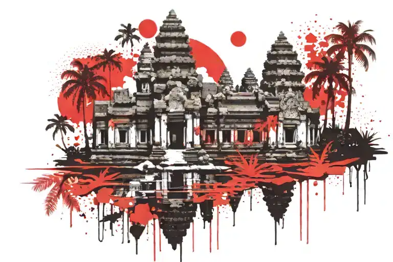Angkor Wat, sun right, palm trees, water tattoo design idea