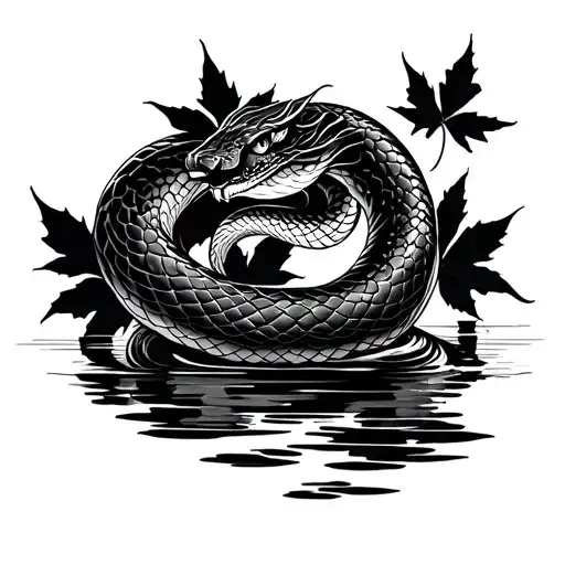A japanese traditional style tattoo of snake with maple leaves and water in the background. tattoo design idea