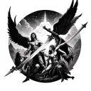 Heaven Vs Hell fighting with swords and titans and angels tattoo design idea