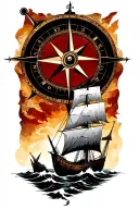 Compass in the background with a Viking ship sailing towards tattoo design idea