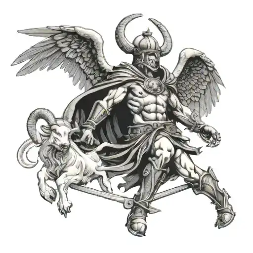 Warrior with Roman helmet and angel wings killing demon with horns and goat's leg in a Roman temple with beams tattoo design idea