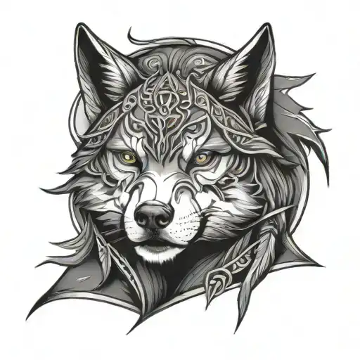 girl warrior wolf face tattoo design idea