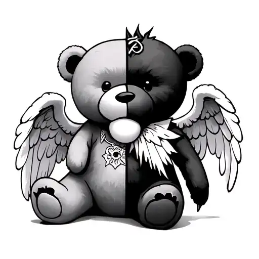 teddy bear with one angel side and the other evil tattoo design idea