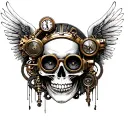 A gothic steampunk skull with brass goggles, clockwork mechanisms, and mechanical wings tattoo design idea