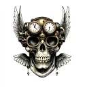 A gothic steampunk skull with brass goggles, clockwork mechanisms, and mechanical wings tattoo design idea