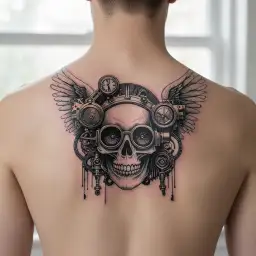 A gothic steampunk skull with brass goggles, clockwork mechanisms, and mechanical wings tattoo design idea