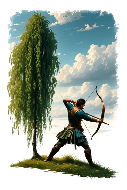 landscape with a willow tree in the foreground and in front, and archer aiming down his bow  tattoo design idea