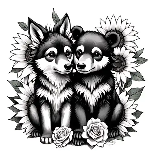  cute baby wolf and bear sitting with sunflowers and roses. black tattoo design idea