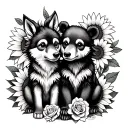  cute baby wolf and bear sitting with sunflowers and roses. black tattoo design idea