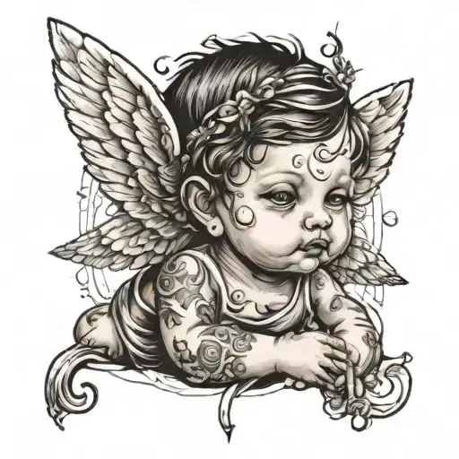 an androgynous baby angel. the vibe must be pure and dark at the same time tattoo design idea