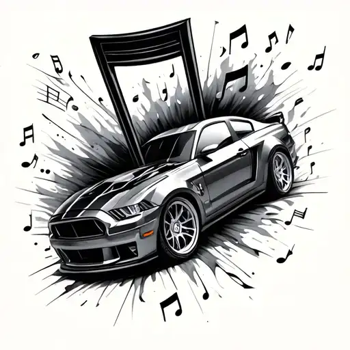 music note turning into a car turbo tattoo design idea