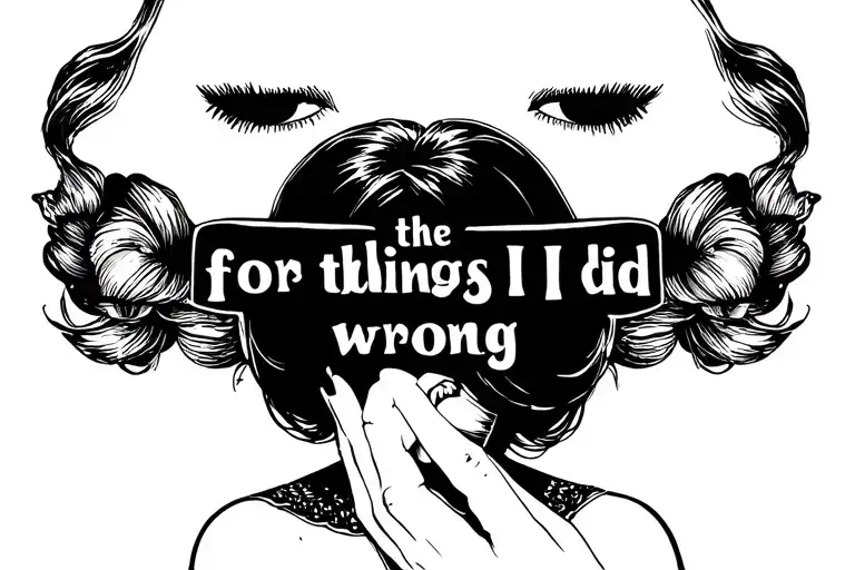 Bold text "for the things I did wrong" with the image of a girl with her hand on her mouth tattoo design idea