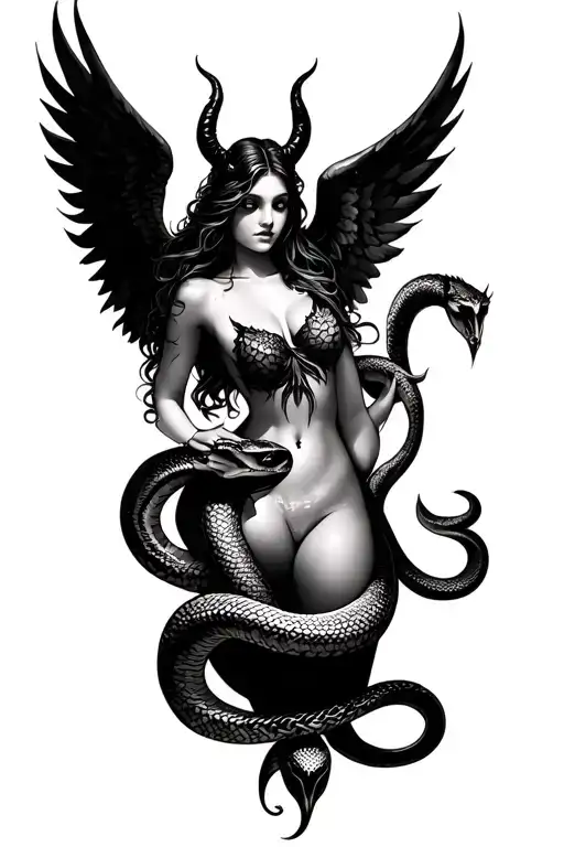 feminine back tattoo of angel, devil and snake entwined  tattoo design idea
