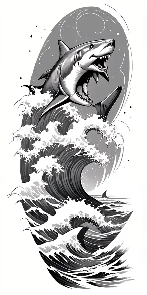 stormy seas surrounding tree waves crashing waves sharks tattoo design idea