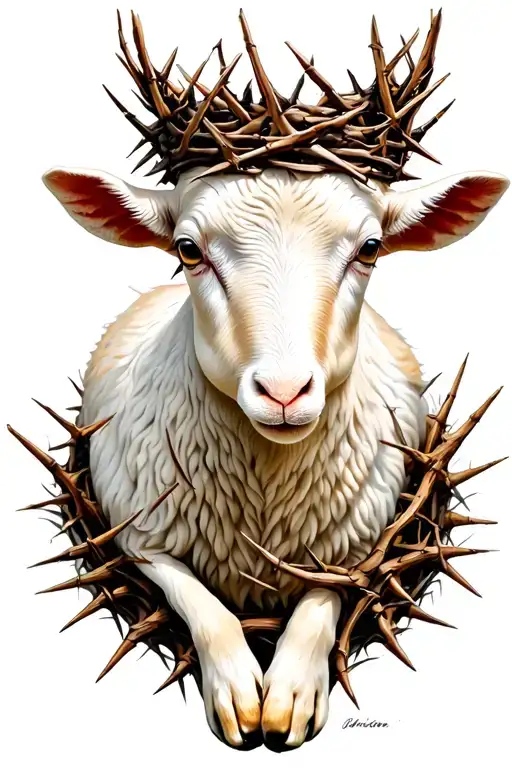lamb with crown made of thorns on head resting on a bed of thorns tattoo design idea