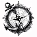 compass and anchor on map with waves crashing tattoo design idea