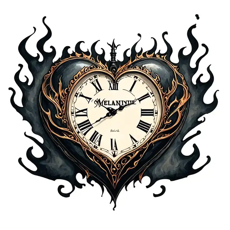 "Mélanie" "Mélanie" Clock Heart in Flame tattoo design idea