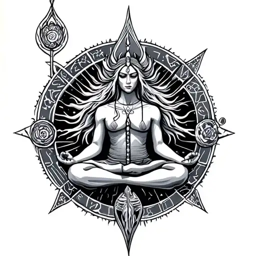 Aquarius zodiac warrior meditating tattoo design idea