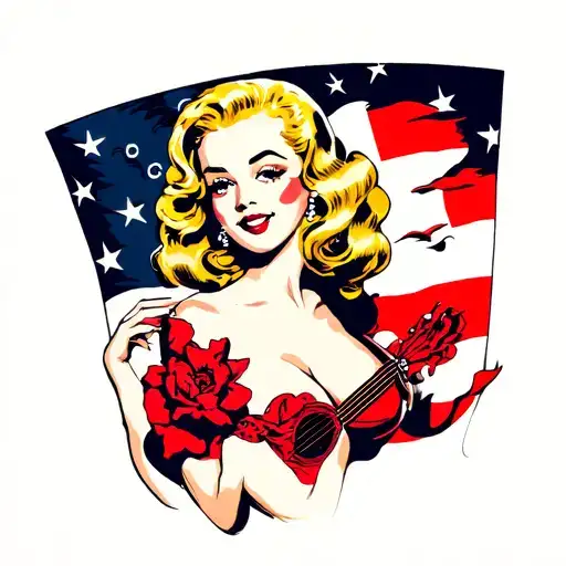 tasteful tattoo in simple american traditional style of a full body blonde chubby plus sized pin-up girl tattoo design idea