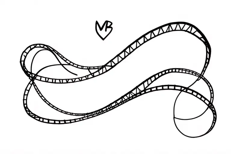 minimalist fine‑line roller coaster with three loops, MB on top and a small heart tattoo design idea