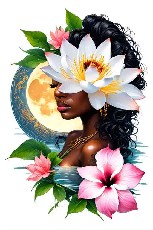 Lotus, White/ Pink Lily, Hibiscus, moon crying  , black women, sun eyes closed tattoo design idea