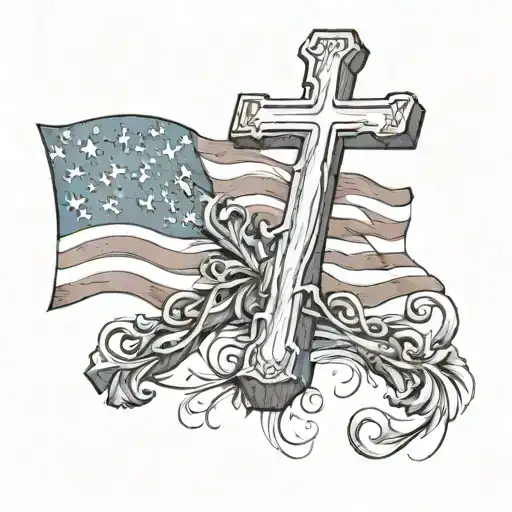 wooden cross surrounded by American flag with Philippians 4:13 and Ephesians 6:10-20 around it tattoo design idea