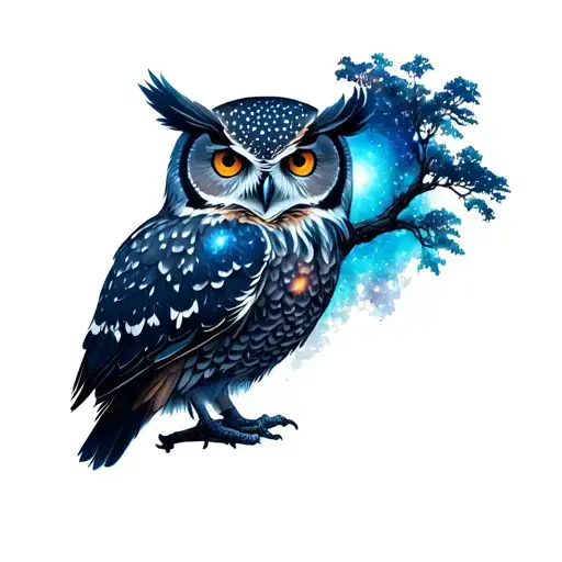 an owl with a galaxy and tree inside of it tattoo design idea