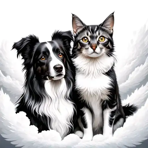 boarder collie and a mixed cat sitting together in heaven. put the names Karla for the dog and teako for the cat.  tattoo design idea