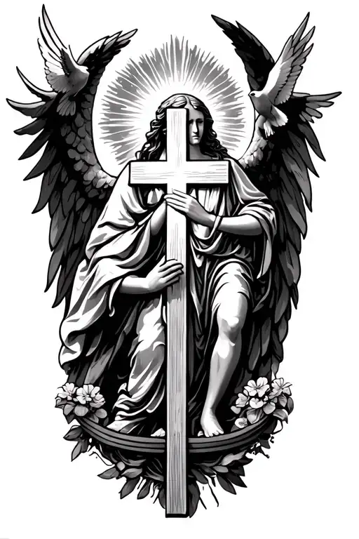 create a forearm tattoo with a angel surround by sun rays holding a cross and a dove flying and the gates of heaven with tattoo design idea