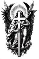 create a forearm tattoo with a angel surround by sun rays holding a cross and a dove flying and the gates of heaven with tattoo design idea