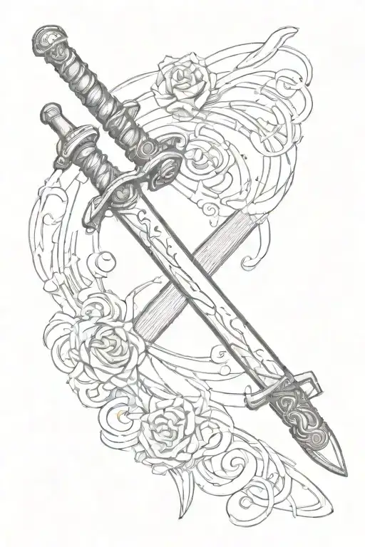 A sketch of a katana sword intertwined with musical notes, symbolizing the balance between strength and artistry tattoo design idea