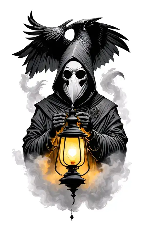 Plague doctor with bird mask and hood, holding a  yellow lantern surrounded by thick fog tattoo design idea