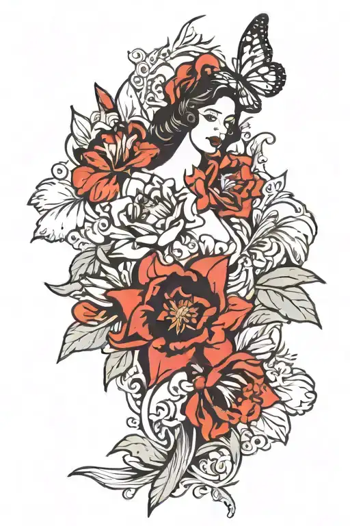 woman flowers and butterflies among tulips tattoo design idea