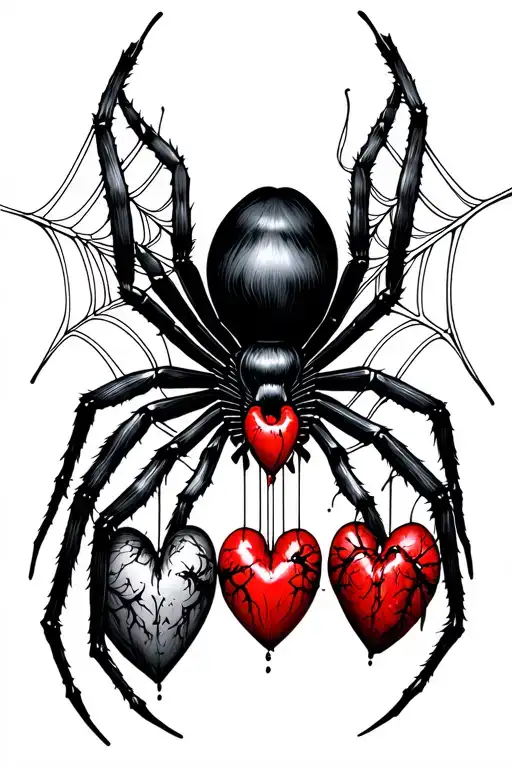 black widow spider with souls descending from it with spider webs holding human hearts and regular hearts tattoo design idea