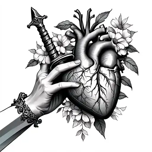 hand reaching for anatomical heart with dagger and flowers tattoo design idea