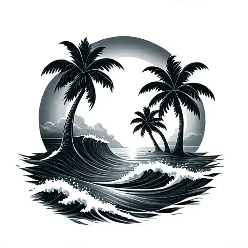 The sea, the waves, the palm trees, the sun tattoo design idea