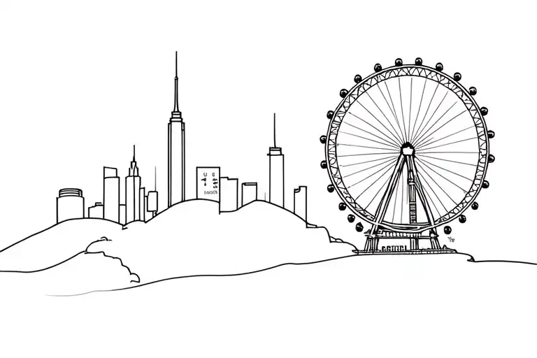 skyline with London eye, Willis tower, Hancock building, the shard, U.S. Bank tower, the Hollywood sign on a hill tattoo design idea