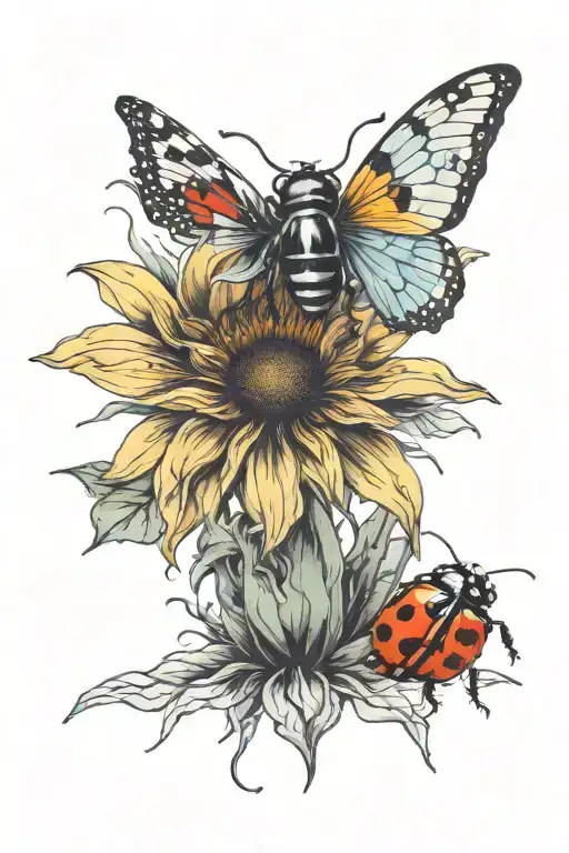 sunflower ladybug butterfly tattoo design idea