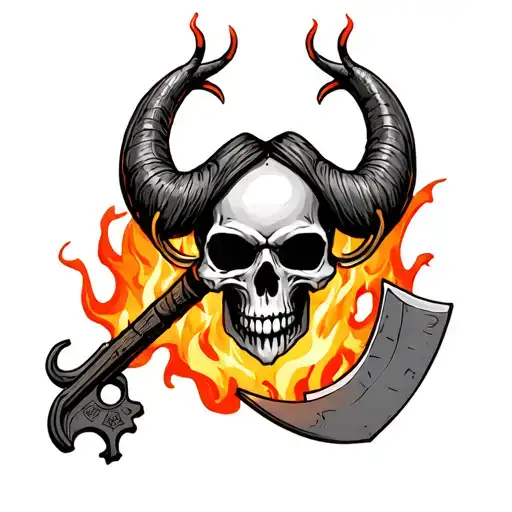 skeleton key, skull on top, horns around 59, key is an axe, blade is on fire tattoo design idea