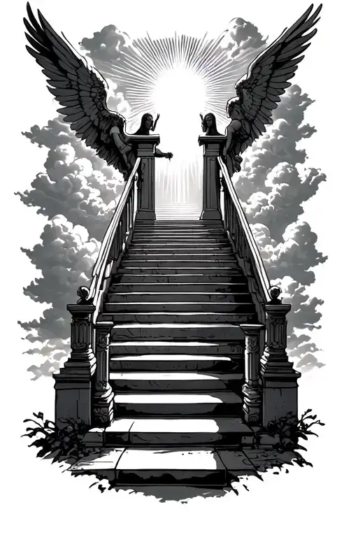 stairway to heaven walking up stairs angels sun rays clouds heaven gate at the top of the stairs  tattoo design idea