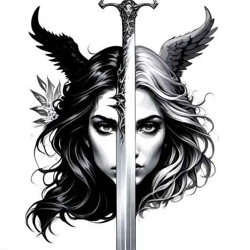 A woman's face. The left side of the woman's face is a devil. The right side is an angel. A sword in the middle of the face. tattoo design idea