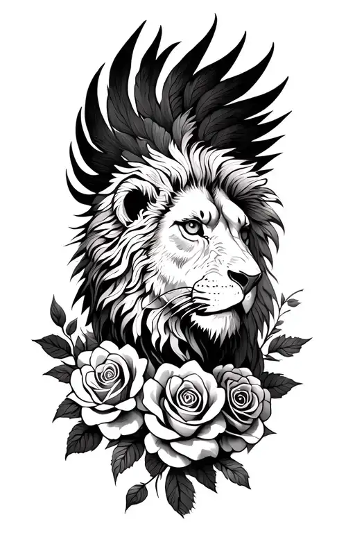 lion head phoenix tattoo with roses tattoo design idea