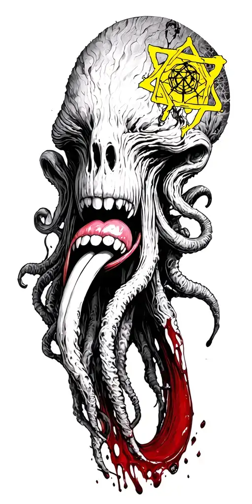 cthulhu and nyharlathotep bloody tongue in a collage that includes the necronomicon sign, arcane sign and yellow sign tattoo design idea