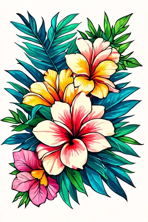 Hawaiian islands with Hawaiian flowers tattoo design idea