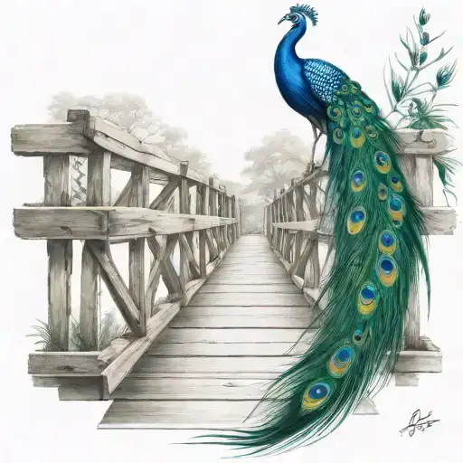 wooden bridge with peacock feather intertwined tattoo design idea