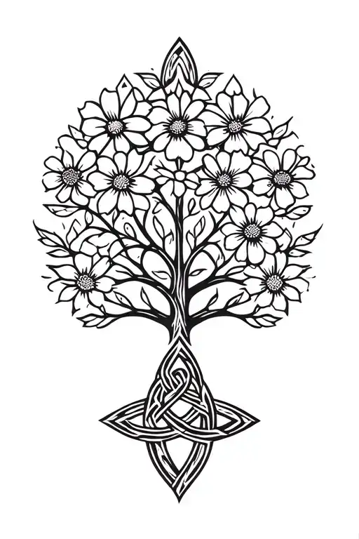 Tree with September, December,  April and July flowers growing at the base with Celtic trinity knot and viking symbols a tattoo design idea
