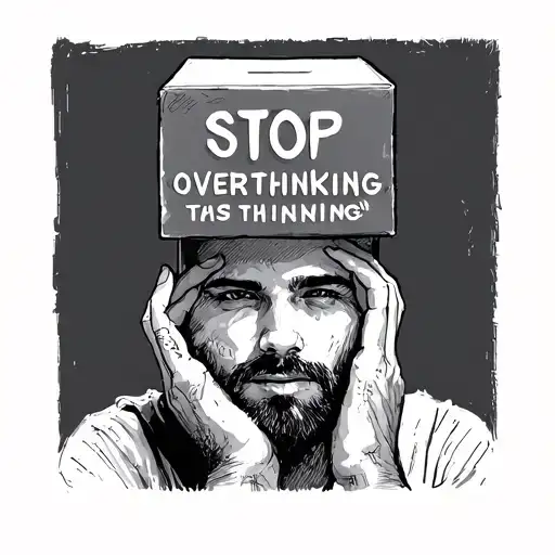 man with box on head saying stop overthinking sketch minimalistic tattoo design idea